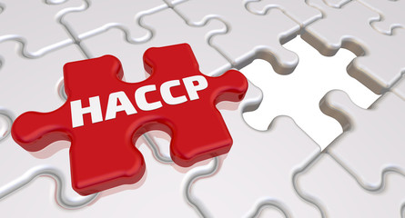 HACCP. The inscription on the missing element of the puzzle. Folded white puzzles elements and one red with text: HACCP. 3D Illustration