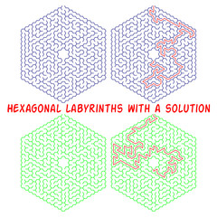 Set of hexagonal labyrinths with a solution. Color hexagonal mazes. A useful puzzle game for children and adults