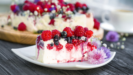 cheese cake and tea on a wooden background