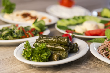 stuffed leaves on the plate with vegetable for service for restaurant concept from Turkey.