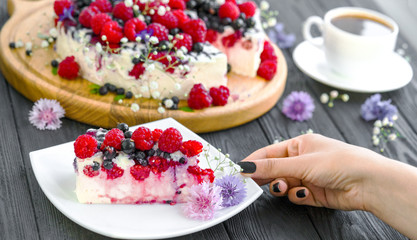 cheese cake and tea on a wooden background