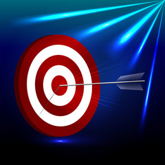 Arrow hits the target with the lights on the blue background. 3d Illustration, perspectiv.