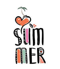 I love summer inscription with palm, heart, Multicolored lettering illustration. Doodle style brushes. Hand drawn sketch scribble text on white background