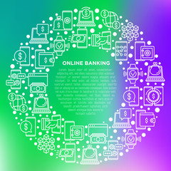 Online banking concept in circle with thin line icons: deposit app, money safety, internet bank, contactless payment, credit card, blockchain. Modern vector illustration, print media template.