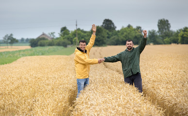 Farmers shaking hands in field