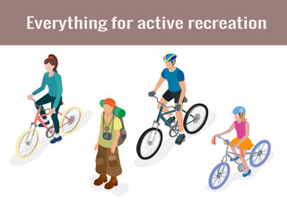 Tourist and cyclists in isometric vector illustration 3d