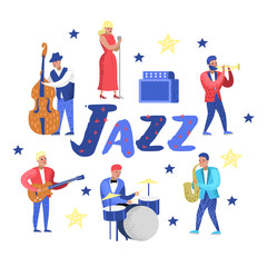 Jazz Music Characters Set. Musical Instruments, Musicians and Singer Artists. Contrabassist, drummer, saxophonist, guitarist. Vector illustration