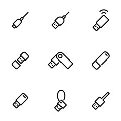 Set of black vector icons, isolated on white background, on theme Usb