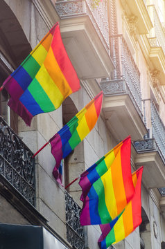 lgtb flags waving in the streets of Madrid