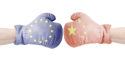 Boxing gloves with European Union and China flags. China vs European Union concept.