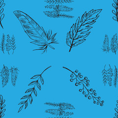 Blue vector seamless pattern with hand drawn branches, leaves and feathers.