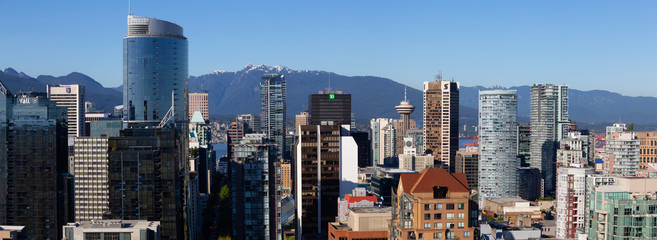 Downtown Vancouver, British Columbia, Canada - May 11, 2018: Aerial panoramic view of the modern city during a sunny day.