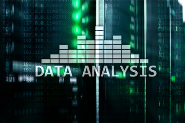 Big Data analysis text on server room background. Internet and modern technology concept.
