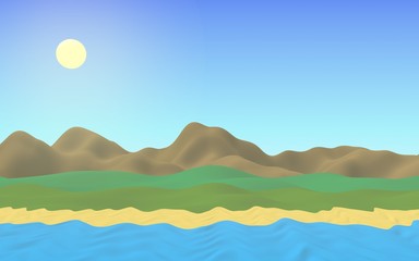 Sun Sea Beach. Noon. Ocean shore line with waves on a beach. Island beach paradise with waves. Vacation, summer, relaxation. Seascape, seashore. Minimalist landscape, primitivism. 3D illustration