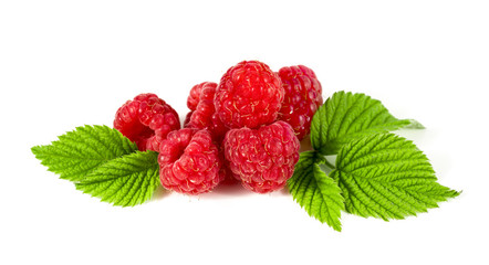 raspberry with leaves on white background