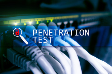 Penetration test. Cybersecurity and data protection. Hacker attack prevention. Futuristic ?server room on background.