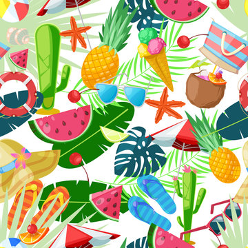 Summer cute seamless pattern. Vector cartoon illustration. Summertime travel, tourism and vacation background.