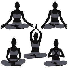 Set of silhouettes of woman in yoga poses for meditation.