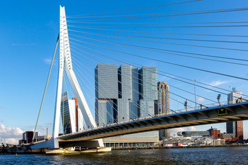 Cityscape of Rotterdam at sunset with the Erasmus bridge in the foreground and high rise buildings of the financial district in the Dutch city in the background against a clear blue sky