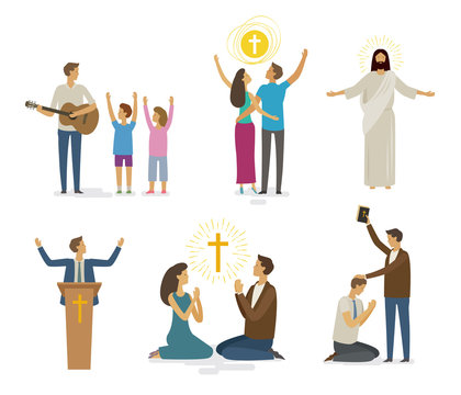 Worship, prayer, faith icon set. Religion concept. Vector illustration