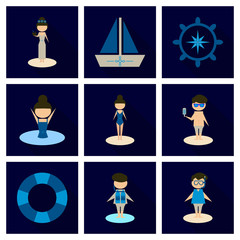 Summer time vector banner design with people on the beach. Vector illustration.