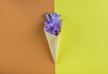 рожок для мороженного наполненный цветами лежит на модных пастельного цвета бумаге желтого, оранжевого, горчичного цвета