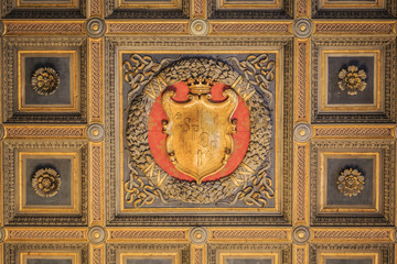 Rome, Italy - June 7 2018: Interior of Palazzo Venezia, roof decoration