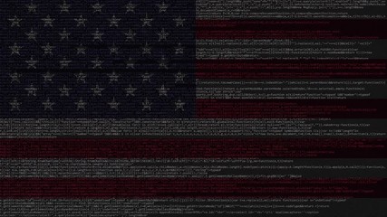 Source code and flag of the United States. American digital technology or programming related loopable animation - Powered by Adobe