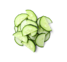 Slices of ripe cucumber on white background, top view