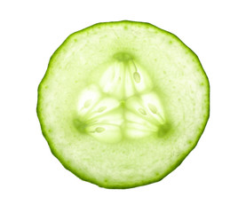 Slice of ripe cucumber on white background, top view