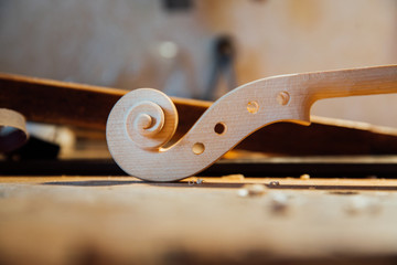 Wooden scroll detail of the head of the violin. Raw wood, texture. Against the background of...