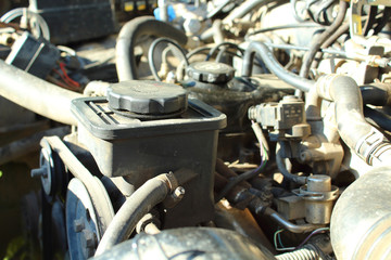 Dirty injector engine of the car. Close-up. Background.