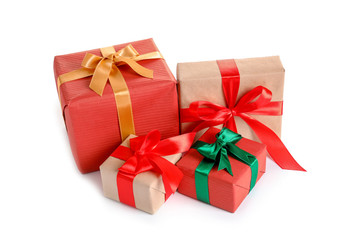 Beautifully wrapped gift boxes on white background