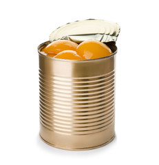 Tin can with conserved peaches on white background