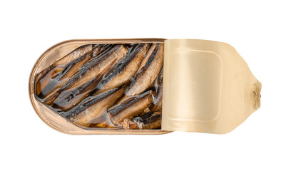 Tin can with conserved fish on white background, top view