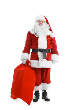 Authentic Santa Claus with red bag full of gifts on white background