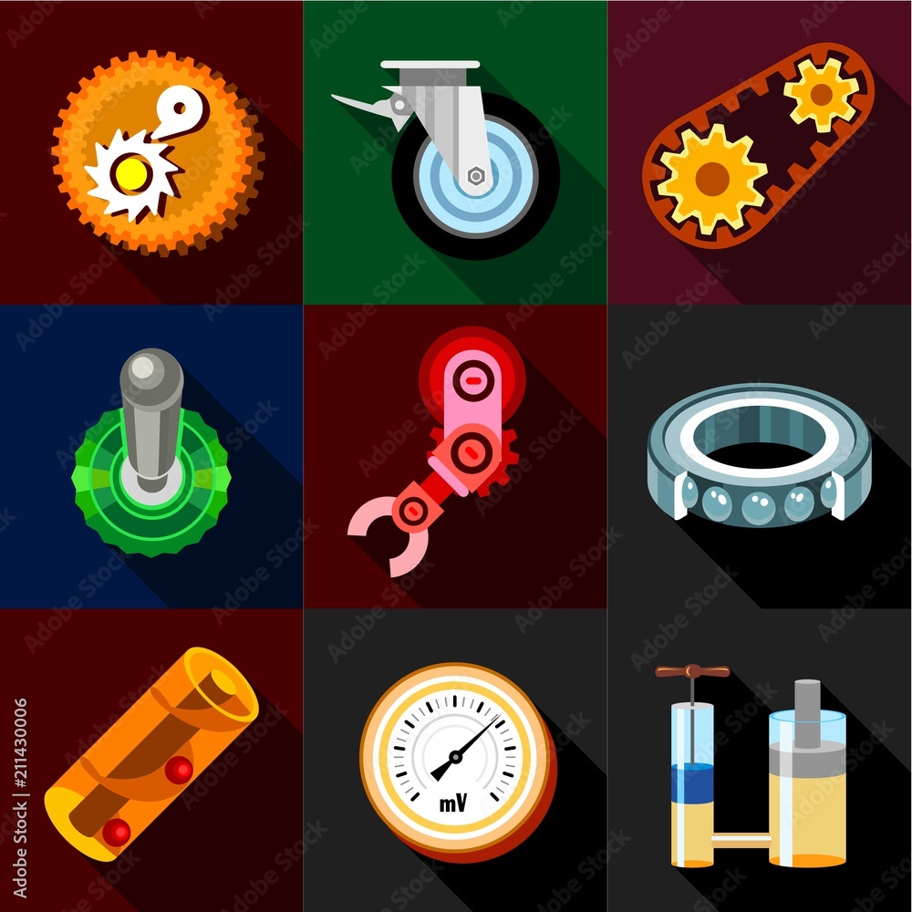 Poster mechanism icons set. flat set of 9 mechanism vector icons for web with long shadow