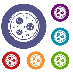 Tasty pizza with sausage and olives icons set in flat circle red, blue and green color for web