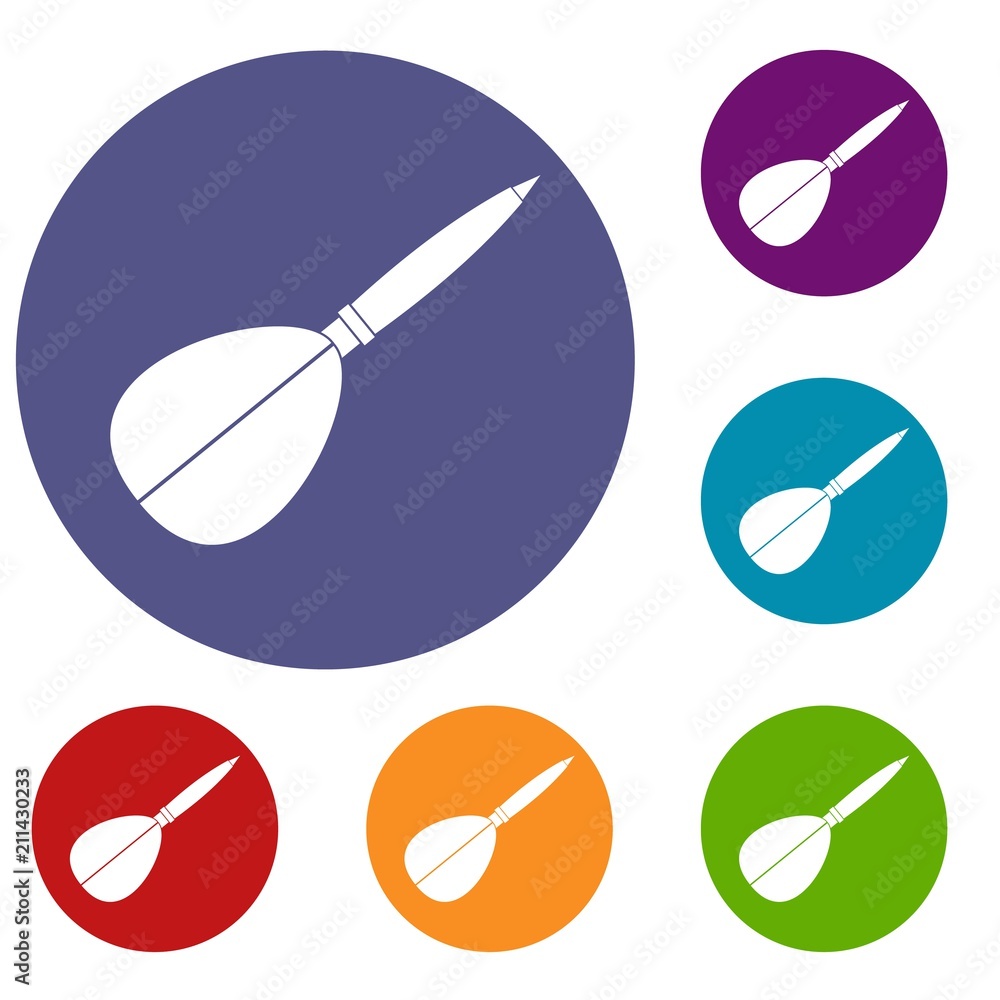 Poster arrow to play dart icons set in flat circle red, blue and green color for web