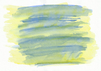 Blue and yellow horizontal  watercolor  hand drawn  background. Beautiful strokes of the paint brush.

