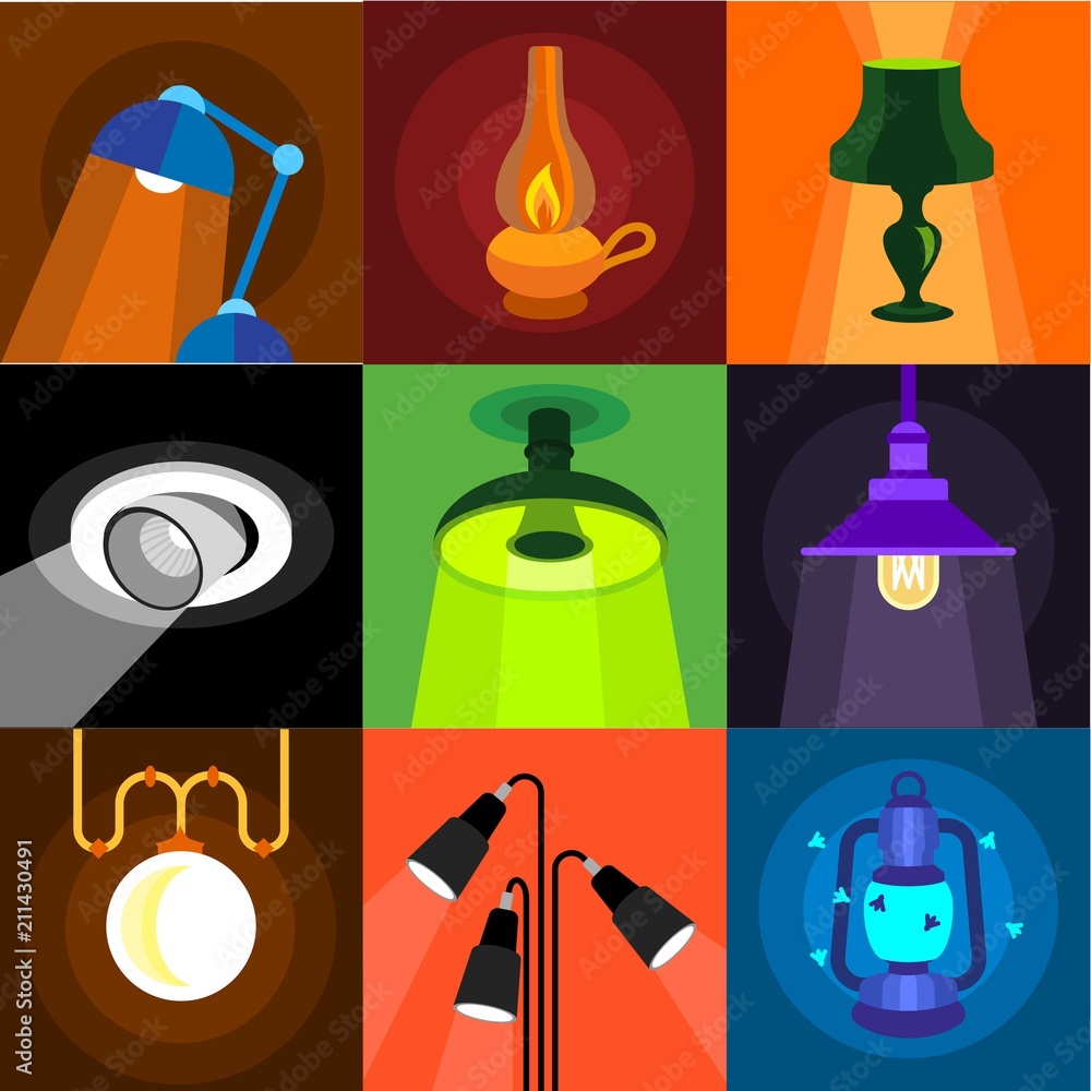 Poster various of light icons set. flat set of 9 various of light vector icons for web with long shadow