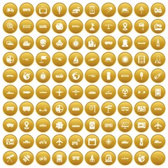 100 technology icons set in gold circle isolated on white vector illustration