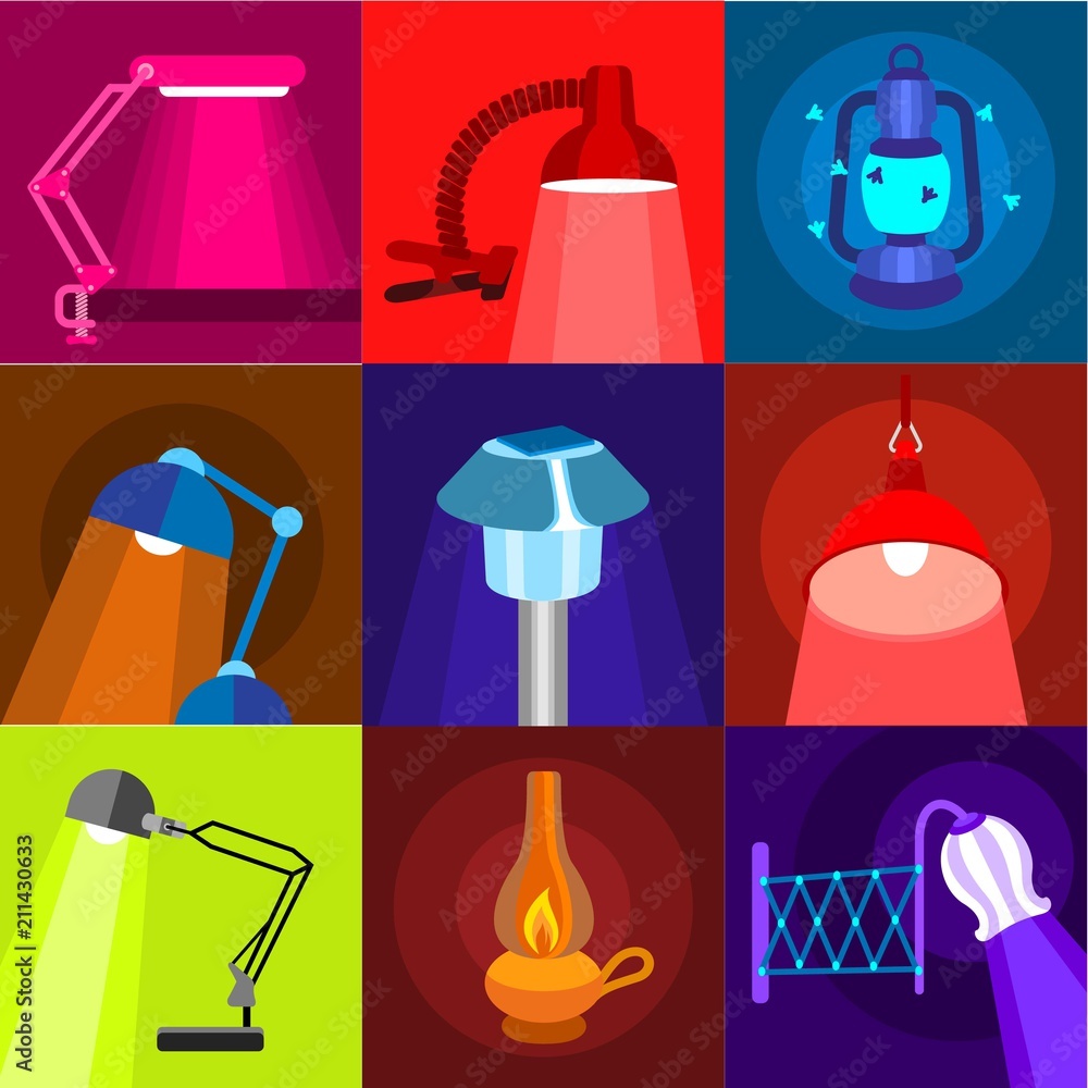 Poster different lamp icons set. flat set of 9 different lamp vector icons for web with long shadow