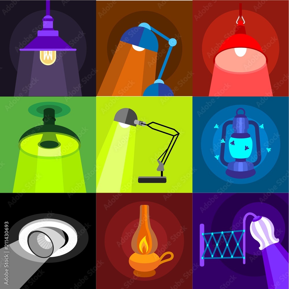Aufkleber lighting icons set. flat set of 9 lighting vector icons for web with long shadow