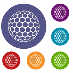 Black and white golf ball icons set in flat circle red, blue and green color for web