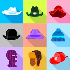 Different hat icons set. Flat set of 9 different hat vector icons for web with long shadow