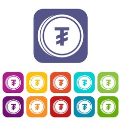 Tugrik coin icons set vector illustration in flat style in colors red, blue, green, and other