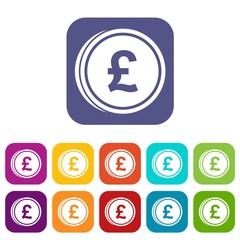 Coins of pound icons set vector illustration in flat style in colors red, blue, green, and other