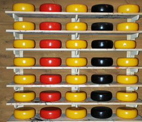 rack with heads of various Dutch cheese