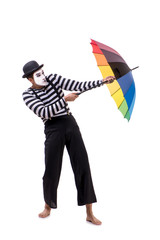 Mime with umbrella isolated on white background